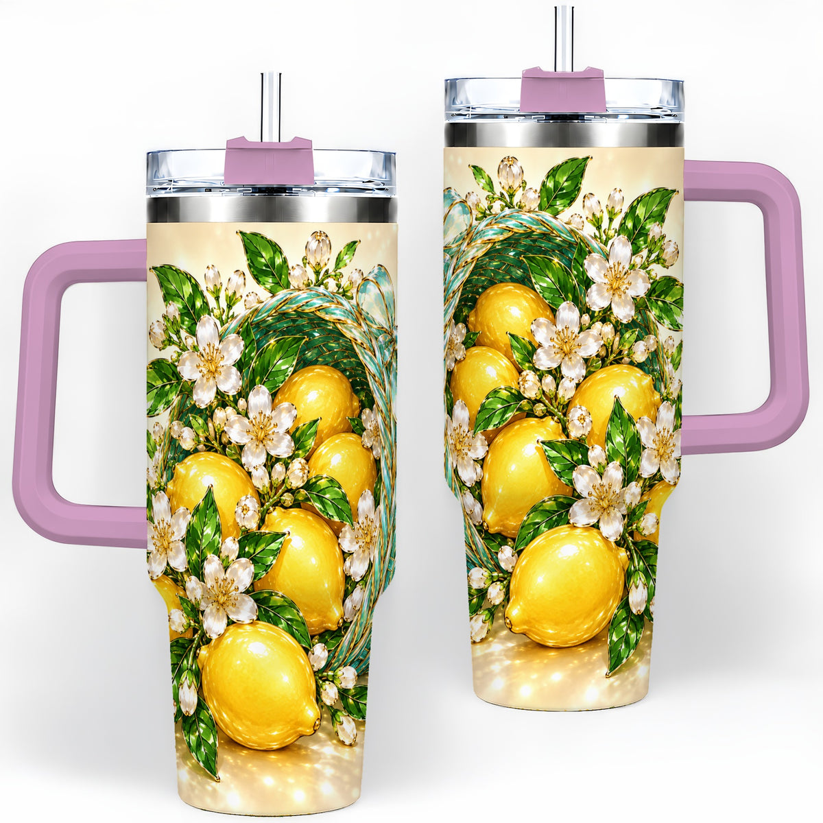 #pl[40oz|Pink] Lemon Blossom Tumbler, 40oz Stainless Steel Tumbler with Basket Floral Art