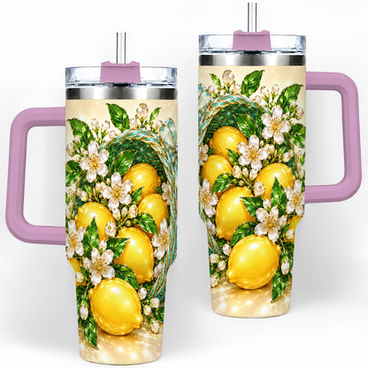 #pl[40oz|Pink] Lemon Blossom Tumbler, 40oz Stainless Steel Tumbler with Basket Floral Art