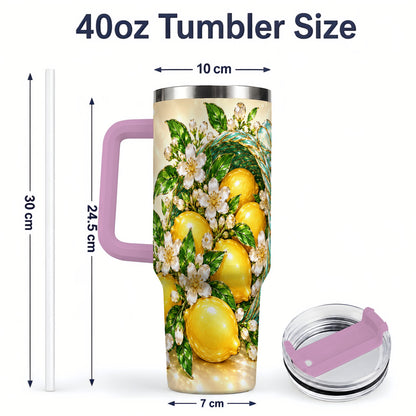#pl[40oz|Pink] Lemon Blossom Tumbler, 40oz Stainless Steel Tumbler with Basket Floral Art
