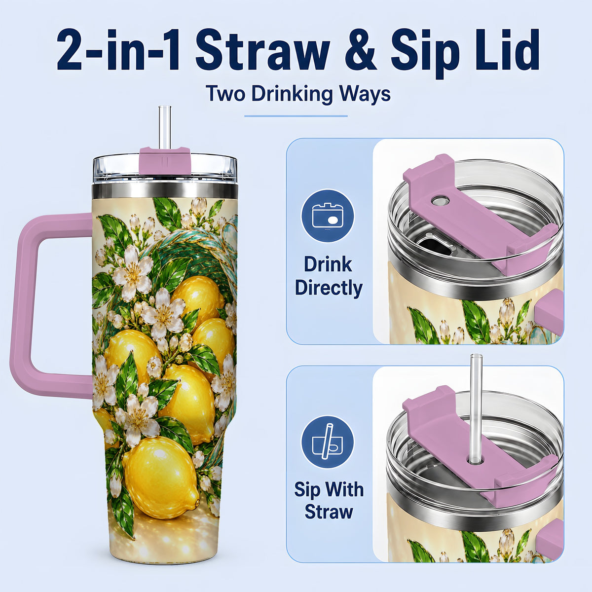 #pl[40oz|Pink] Lemon Blossom Tumbler, 40oz Stainless Steel Tumbler with Basket Floral Art