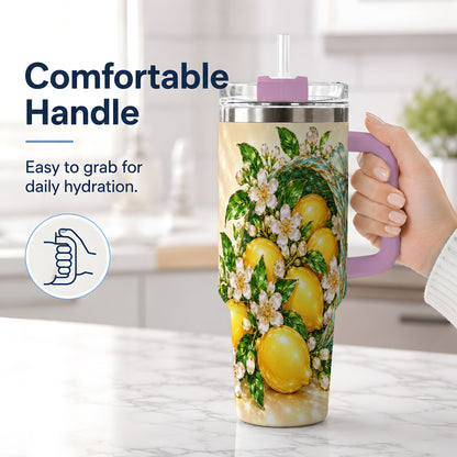 #pl[40oz|Pink] Lemon Blossom Tumbler, 40oz Stainless Steel Tumbler with Basket Floral Art