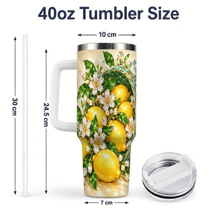 #pl[40oz|White] Lemon Blossom Tumbler, 40oz Stainless Steel Tumbler with Basket Floral Art