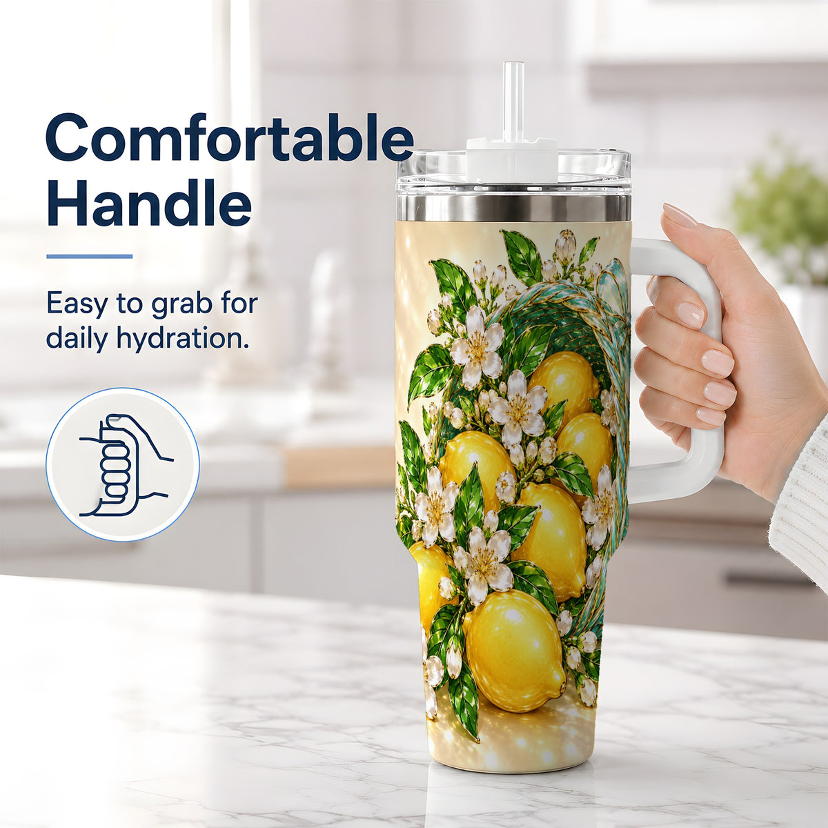 #pl[40oz|White] Lemon Blossom Tumbler, 40oz Stainless Steel Tumbler with Basket Floral Art