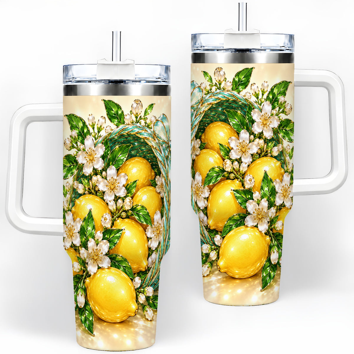 Lemon Blossom Tumbler, 40oz Stainless Steel Tumbler with Basket Floral Art