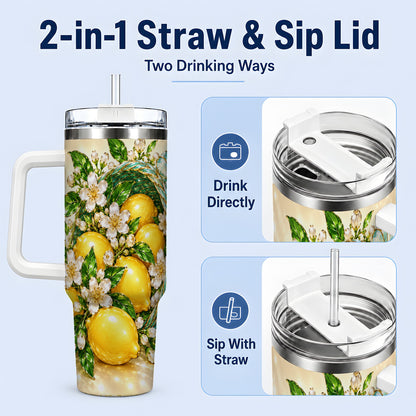 #pl[40oz|White] Lemon Blossom Tumbler, 40oz Stainless Steel Tumbler with Basket Floral Art