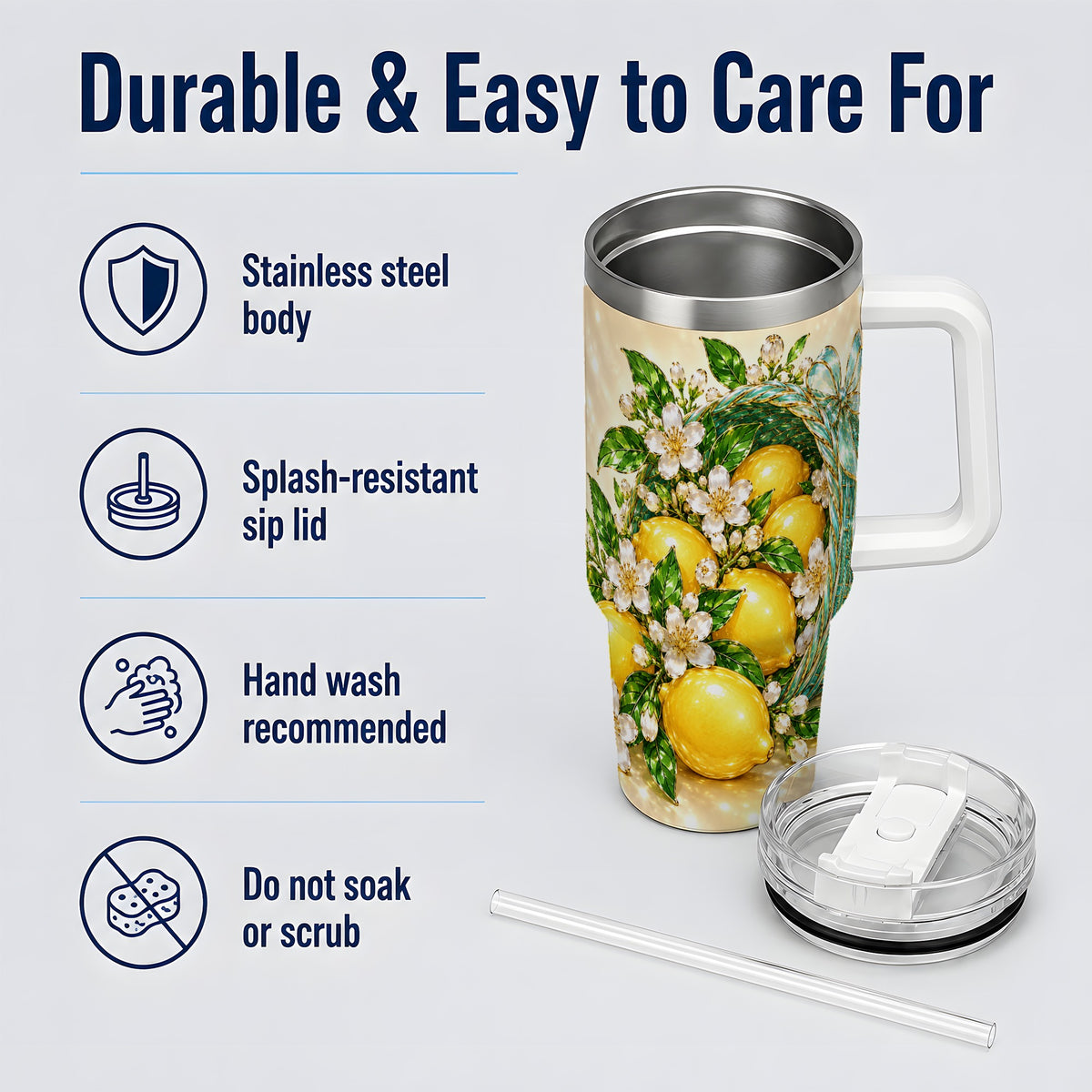 Lemon Blossom Tumbler, 40oz Stainless Steel Tumbler with Basket Floral Art