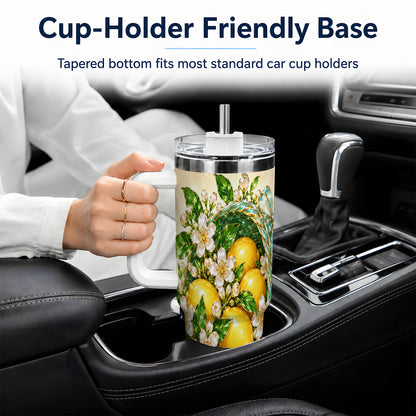 Lemon Blossom Tumbler, 40oz Stainless Steel Tumbler with Basket Floral Art