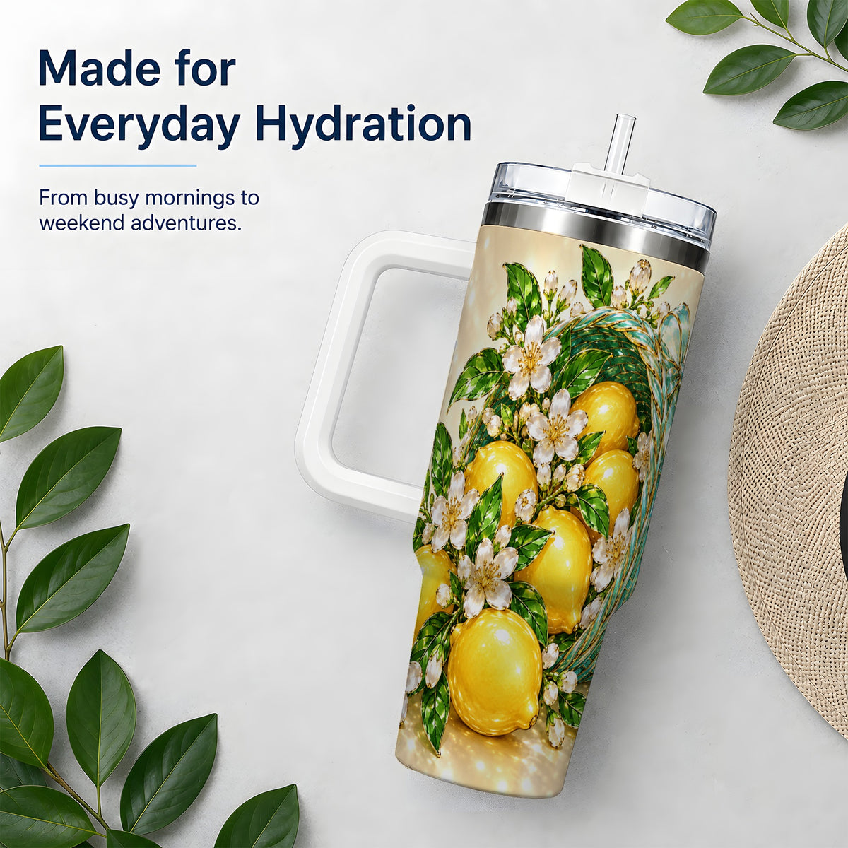 Lemon Blossom Tumbler, 40oz Stainless Steel Tumbler with Basket Floral Art
