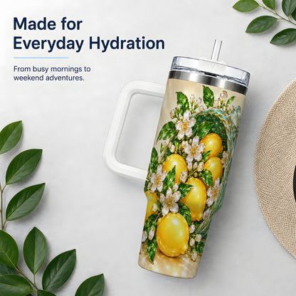 Lemon Blossom Tumbler, 40oz Stainless Steel Tumbler with Basket Floral Art