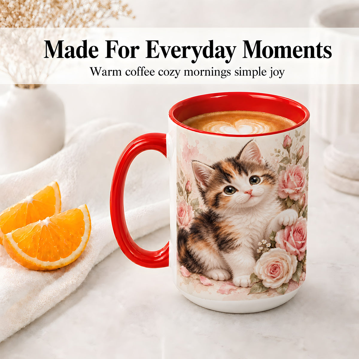 #pl[15oz|Red] Calico Kitten Roses Ceramic Mug for Cat Lovers