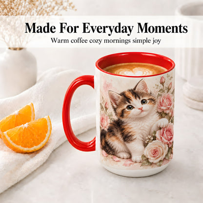 #pl[15oz|Red] Calico Kitten Roses Ceramic Mug for Cat Lovers