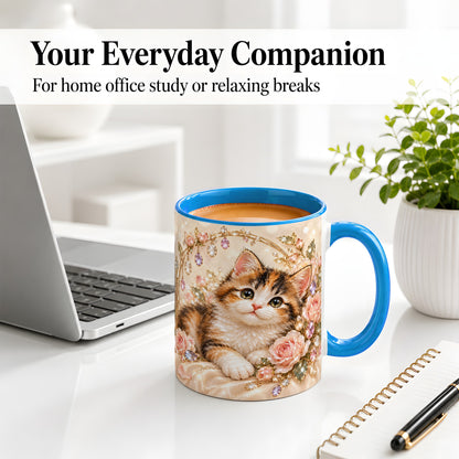 #pl[11oz|Blue] Jewel-Inspired Calico Kitten Ceramic Mug for Cat Lovers