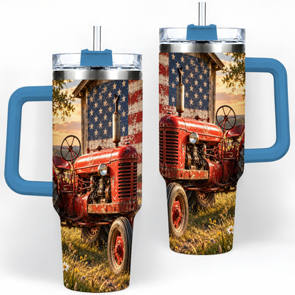 #pl[40oz|Blue] Rustic Tractor Tumbler, 40oz Stainless Steel Tumbler with Sunset Farm Art