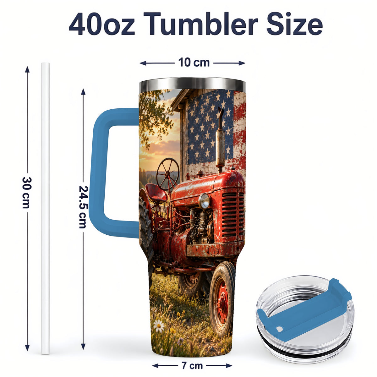 #pl[40oz|Blue] Rustic Tractor Tumbler, 40oz Stainless Steel Tumbler with Sunset Farm Art