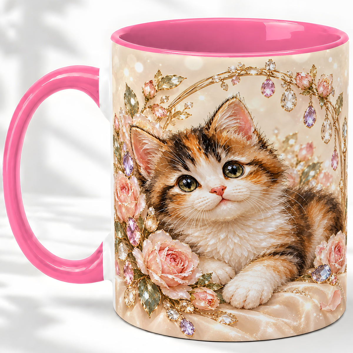 #pl[11oz|Pink] Jewel-Inspired Calico Kitten Ceramic Mug for Cat Lovers