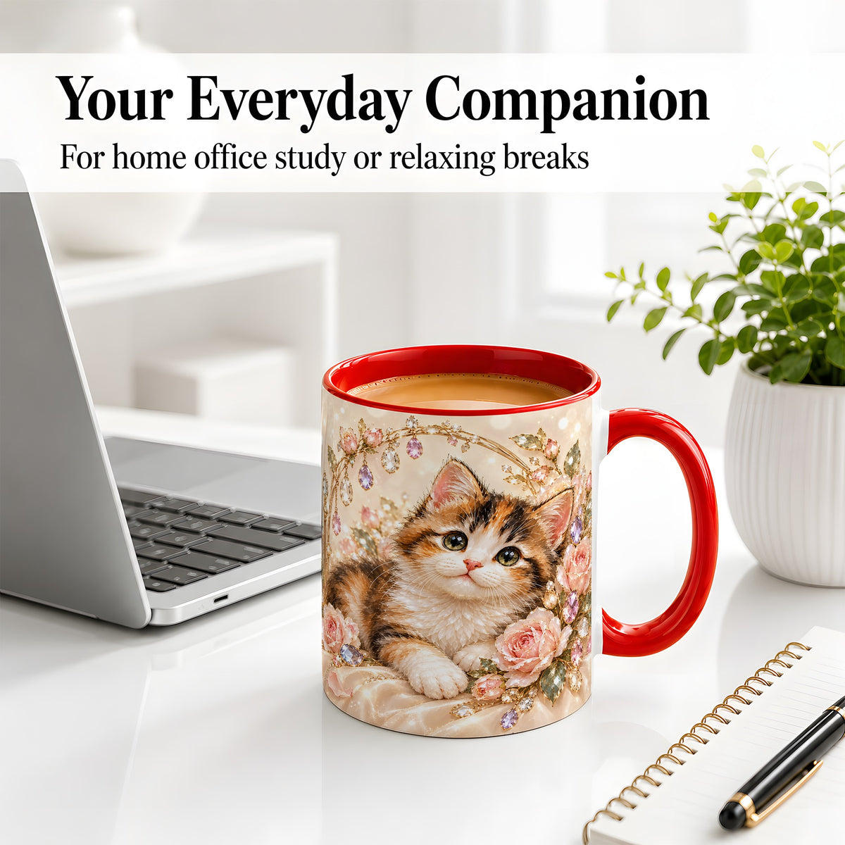 #pl[11oz|Red] Jewel-Inspired Calico Kitten Ceramic Mug for Cat Lovers