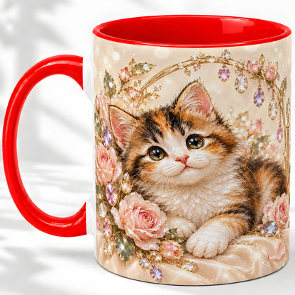 Jewel-Inspired Calico Kitten Ceramic Mug for Cat Lovers