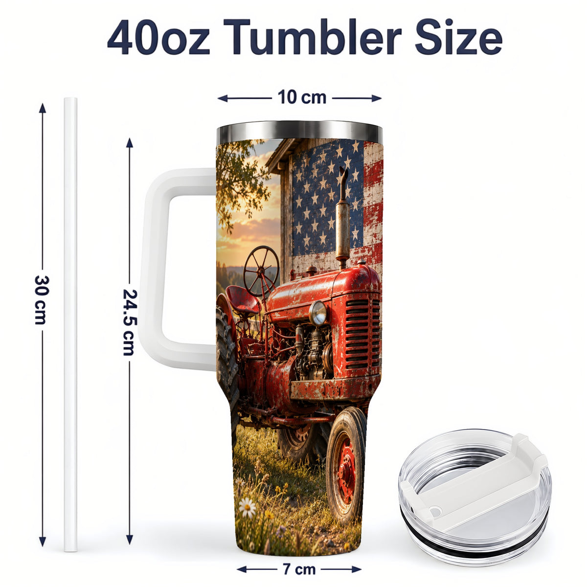 #pl[40oz|White] Rustic Tractor Tumbler, 40oz Stainless Steel Tumbler with Sunset Farm Art