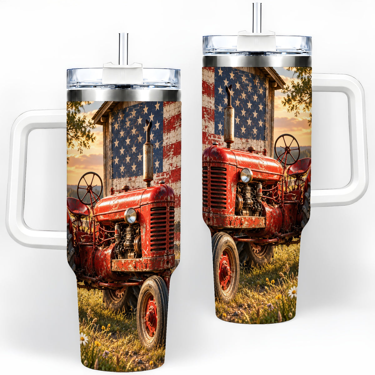 Rustic Tractor Tumbler, 40oz Stainless Steel Tumbler with Sunset Farm Art