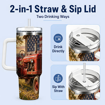 #pl[40oz|White] Rustic Tractor Tumbler, 40oz Stainless Steel Tumbler with Sunset Farm Art