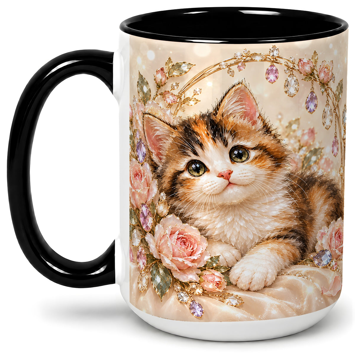 #pl[15oz|Black] Jewel-Inspired Calico Kitten Ceramic Mug for Cat Lovers