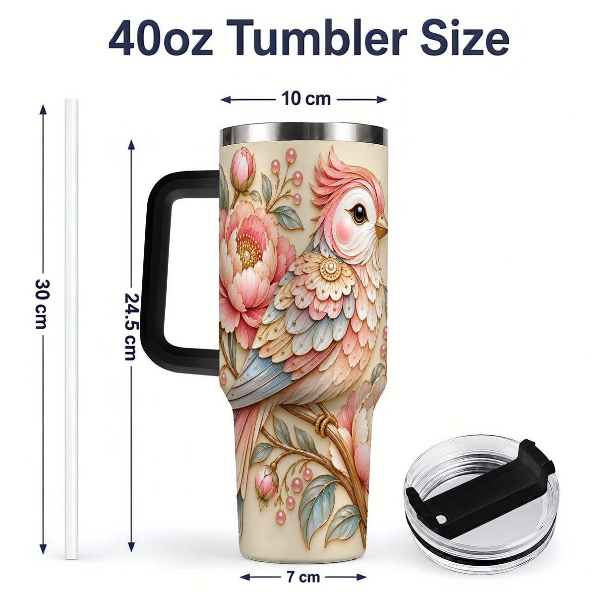 #pl[40oz|Black] Pastel Bird Tumbler, 40oz Stainless Steel Tumbler with Pink Blossom Art
