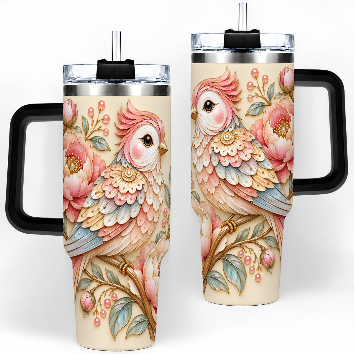 #pl[40oz|Black] Pastel Bird Tumbler, 40oz Stainless Steel Tumbler with Pink Blossom Art