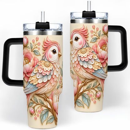 #pl[40oz|Black] Pastel Bird Tumbler, 40oz Stainless Steel Tumbler with Pink Blossom Art