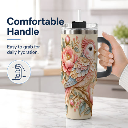 #pl[40oz|Black] Pastel Bird Tumbler, 40oz Stainless Steel Tumbler with Pink Blossom Art