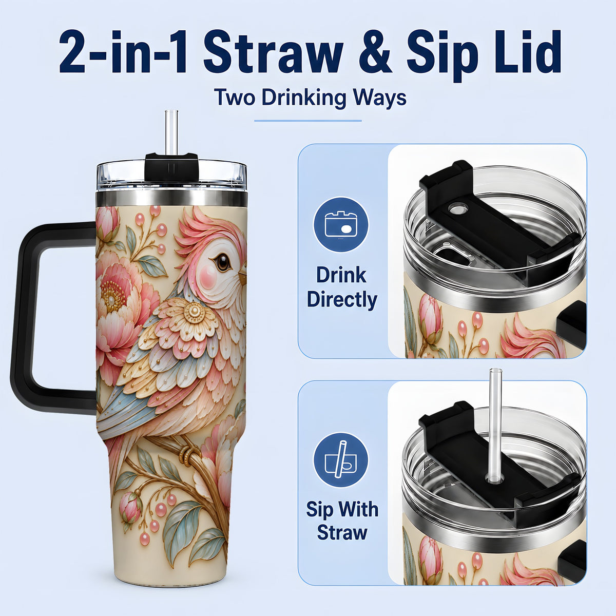 #pl[40oz|Black] Pastel Bird Tumbler, 40oz Stainless Steel Tumbler with Pink Blossom Art