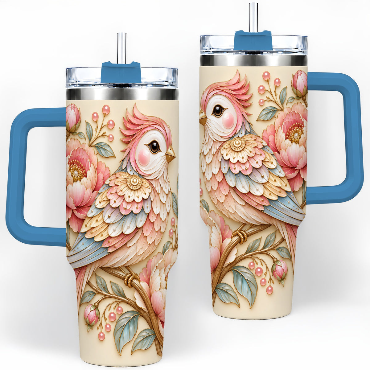 #pl[40oz|Blue] Pastel Bird Tumbler, 40oz Stainless Steel Tumbler with Pink Blossom Art