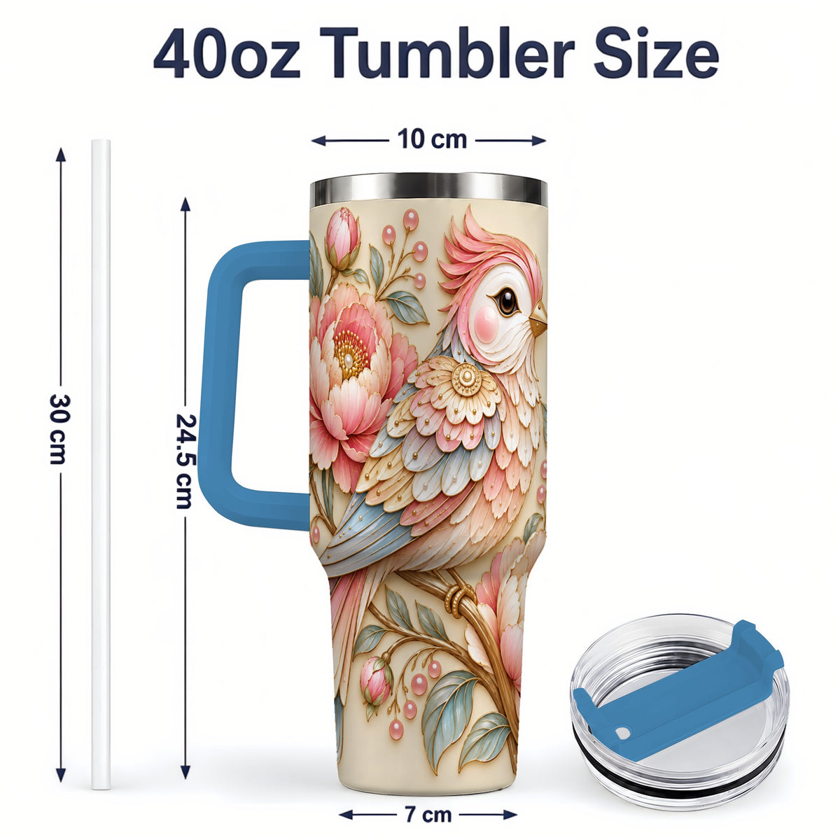 #pl[40oz|Blue] Pastel Bird Tumbler, 40oz Stainless Steel Tumbler with Pink Blossom Art
