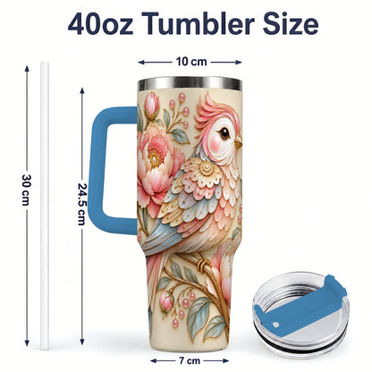 #pl[40oz|Blue] Pastel Bird Tumbler, 40oz Stainless Steel Tumbler with Pink Blossom Art