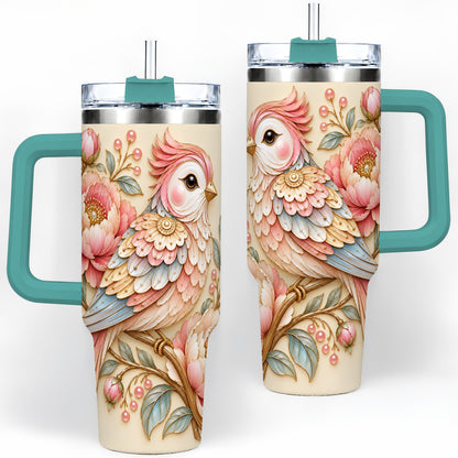 #pl[40oz|Green] Pastel Bird Tumbler, 40oz Stainless Steel Tumbler with Pink Blossom Art