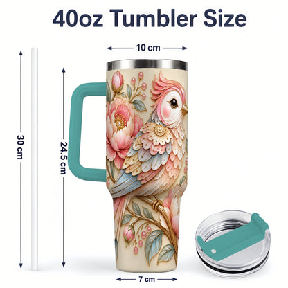 #pl[40oz|Green] Pastel Bird Tumbler, 40oz Stainless Steel Tumbler with Pink Blossom Art