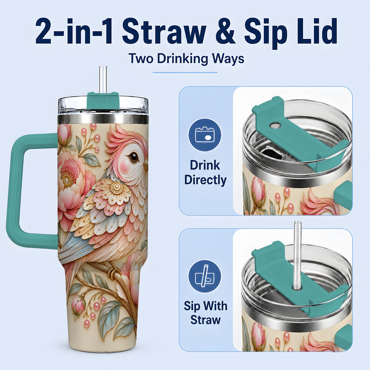 #pl[40oz|Green] Pastel Bird Tumbler, 40oz Stainless Steel Tumbler with Pink Blossom Art
