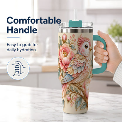 #pl[40oz|Green] Pastel Bird Tumbler, 40oz Stainless Steel Tumbler with Pink Blossom Art