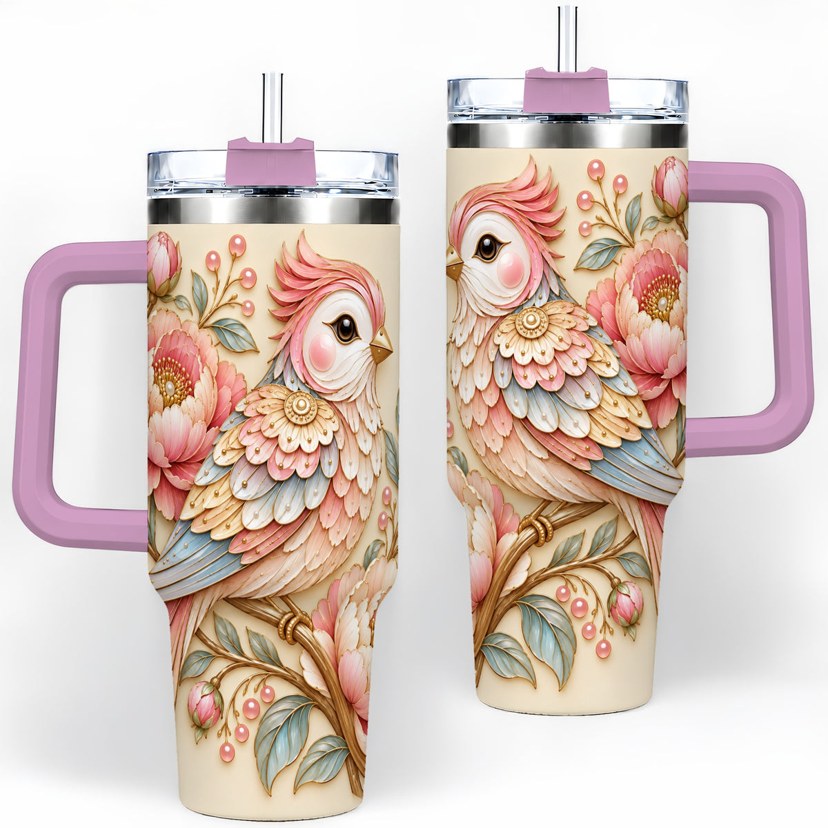 #pl[40oz|Pink] Pastel Bird Tumbler, 40oz Stainless Steel Tumbler with Pink Blossom Art