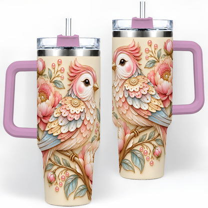 #pl[40oz|Pink] Pastel Bird Tumbler, 40oz Stainless Steel Tumbler with Pink Blossom Art