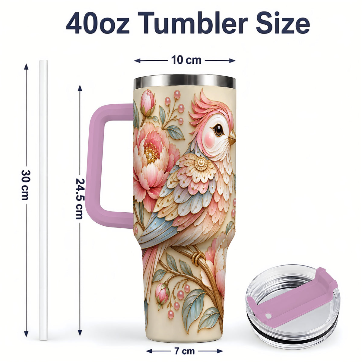 #pl[40oz|Pink] Pastel Bird Tumbler, 40oz Stainless Steel Tumbler with Pink Blossom Art