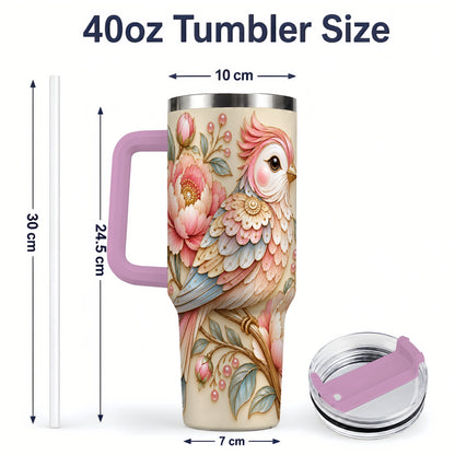 #pl[40oz|Pink] Pastel Bird Tumbler, 40oz Stainless Steel Tumbler with Pink Blossom Art