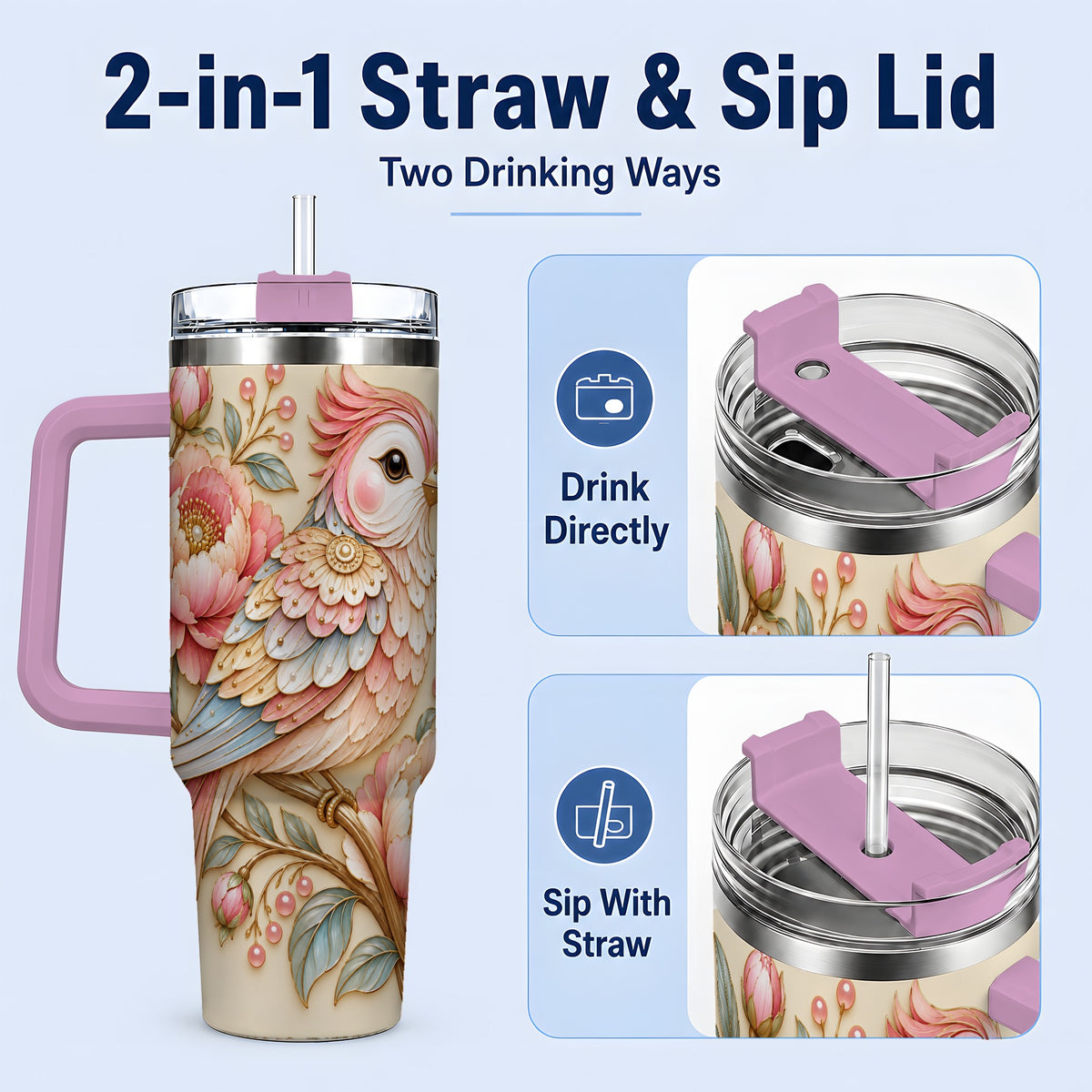#pl[40oz|Pink] Pastel Bird Tumbler, 40oz Stainless Steel Tumbler with Pink Blossom Art