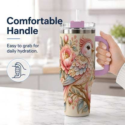 #pl[40oz|Pink] Pastel Bird Tumbler, 40oz Stainless Steel Tumbler with Pink Blossom Art