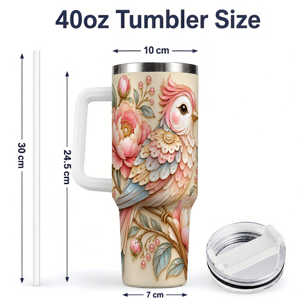 #pl[40oz|White] Pastel Bird Tumbler, 40oz Stainless Steel Tumbler with Pink Blossom Art