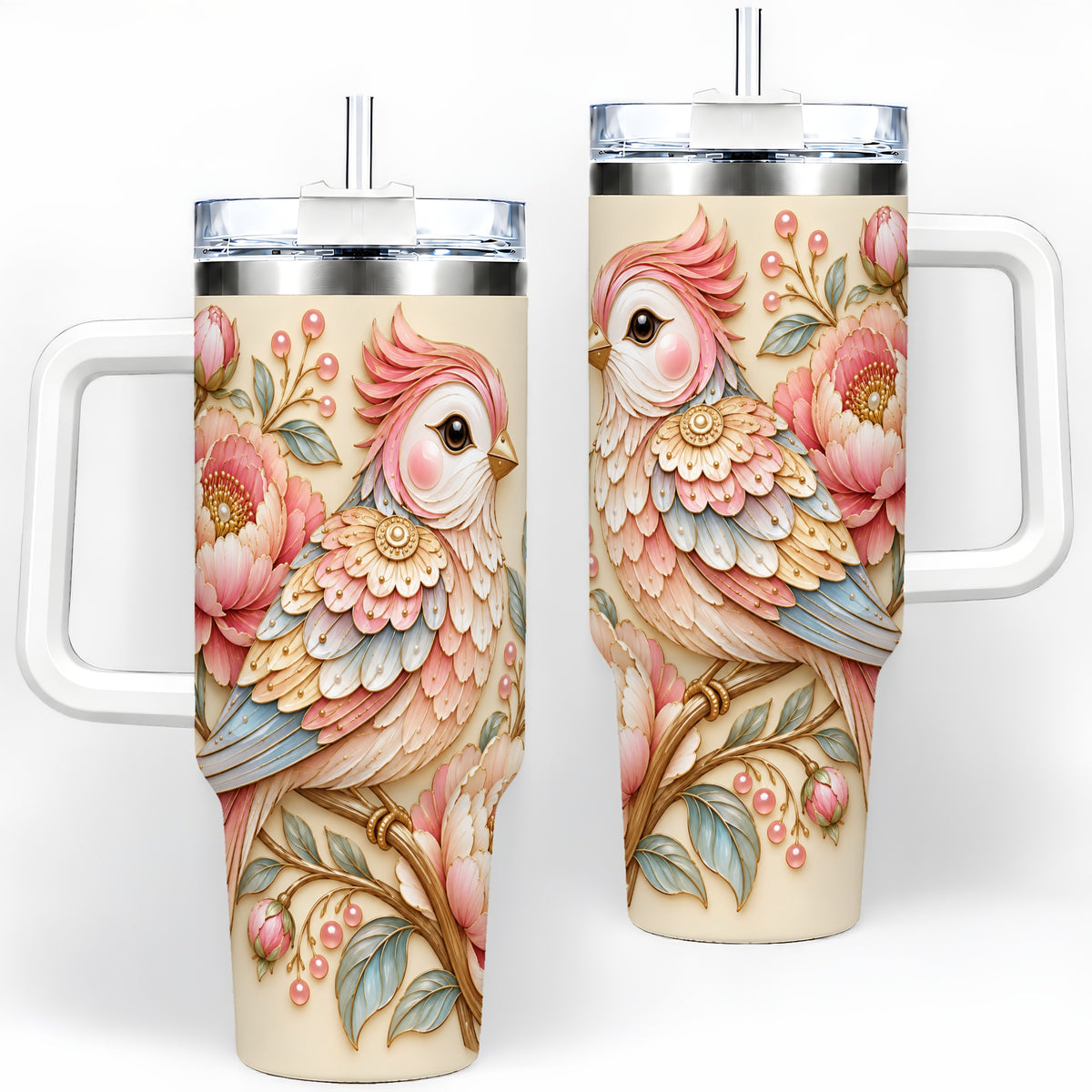 Pastel Bird Tumbler, 40oz Stainless Steel Tumbler with Pink Blossom Art
