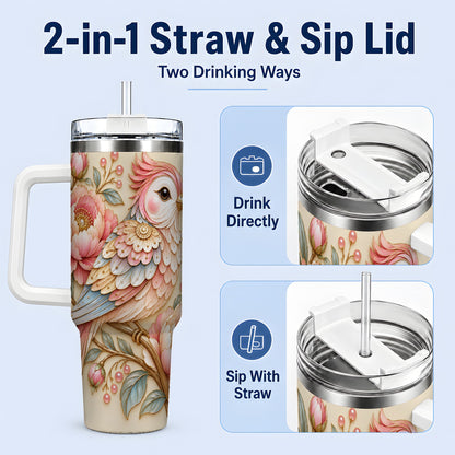 #pl[40oz|White] Pastel Bird Tumbler, 40oz Stainless Steel Tumbler with Pink Blossom Art
