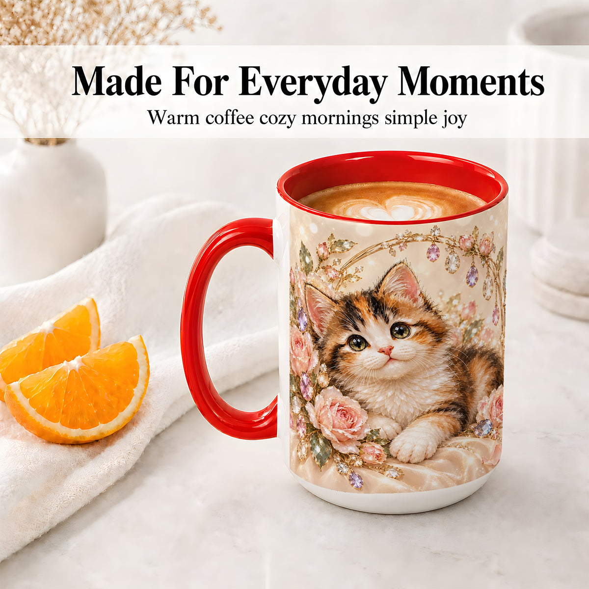 #pl[15oz|Red] Jewel-Inspired Calico Kitten Ceramic Mug for Cat Lovers
