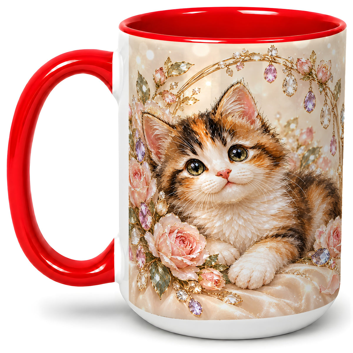 #pl[15oz|Red] Jewel-Inspired Calico Kitten Ceramic Mug for Cat Lovers
