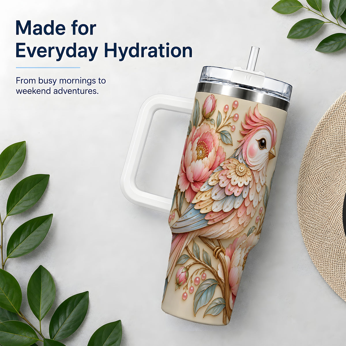 Pastel Bird Tumbler, 40oz Stainless Steel Tumbler with Pink Blossom Art