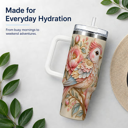 Pastel Bird Tumbler, 40oz Stainless Steel Tumbler with Pink Blossom Art